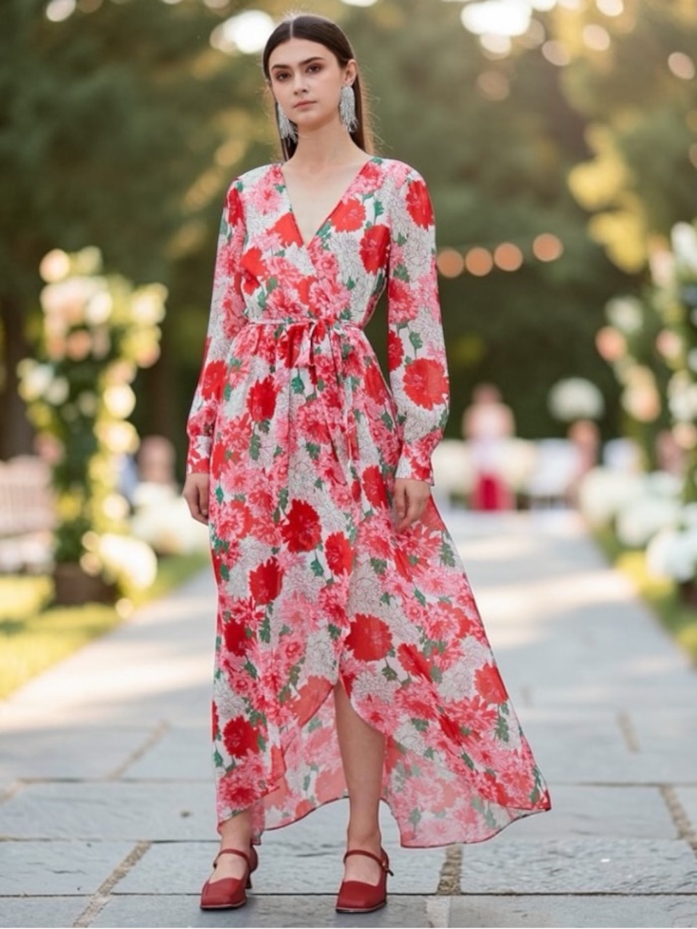 NWT Floral Red Wrap Maxi Dress with Tie Waist size Medium ♥️🥀 - Picture 2 of 12